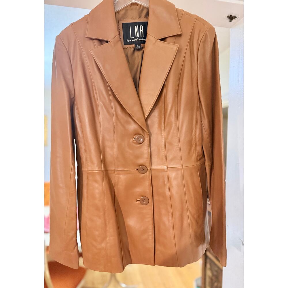 Vintage LNR Tan Leather Blazer – 90s Minimalist Jacket Medium